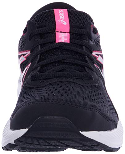Front view of the ASICS GEL-Contend 7 - Womens running shoes in black with pink accents and a white sole, featuring breathable mesh, lace-up closure, and enhanced cushioning for comfort.