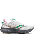 The Saucony Kinvara 14 Running Shoe for women features a white mesh upper, green and pink accents, KINVARA 14 text near the heel, a thick black sole with responsive PWRRUN foam, and a green side logo.