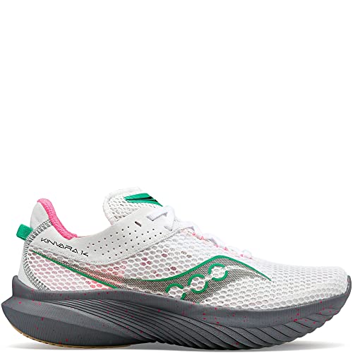 The Saucony Kinvara 14 Running Shoe for women features a white mesh upper, green and pink accents, KINVARA 14 text near the heel, a thick black sole with responsive PWRRUN foam, and a green side logo.