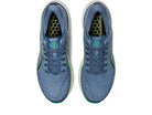A pair of ASICS Gel Kayano 29 - Mens running shoes in blue, shown from above, feature mesh uppers, blue laces, and green hexagonal-pattern accents on the sides and insoles for added stability.