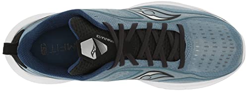 Top view of the mens Saucony Kinvara 13 running shoe in blue, featuring black laces, a black tongue with a white logo, white sole, mesh upper, and stylish side patterns for an athletic look.