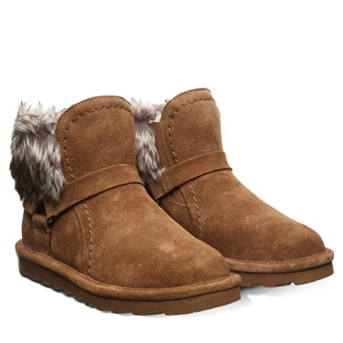 BEARPAW Konnie Boots - Womens, in brown suede with faux fur trim and a side strap, feature flat textured rubber soles for comfort and style.
