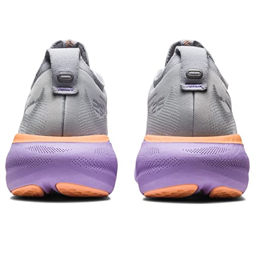 ASICS Gel Nimbus 25 - Womens shoes shown from the back, featuring light gray uppers, thick soles with an orange-purple gradient, lightweight cushioning, and a heel loop for easy on/off.