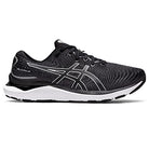 The ASICS Gel Cumulus 24 - Mens is a black running shoe with white accents, breathable mesh upper, FF BLAST cushioning for comfort, a white sole, and the iconic ASICS logo—ideal as your everyday trainer.