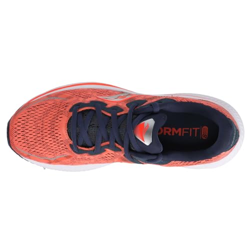 Top view of Saucony Omni 20 Running Shoe - Womens in coral with navy laces and lining. Breathable mesh upper and FORMFIT insole deliver enhanced support for your runs.