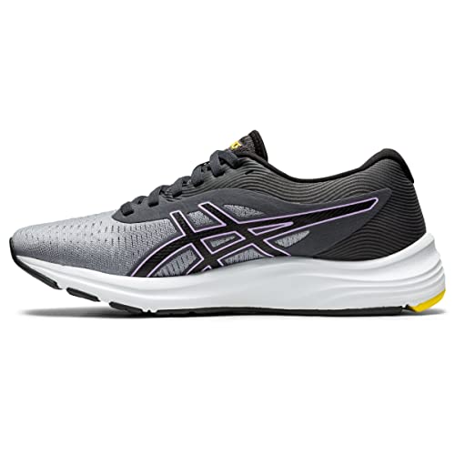 The ASICS GEL-PULSE 12 - Womens features a gray and black engineered mesh upper, white sole, black and purple ASICS logo on the side, and a yellow accent on the heel outsole.