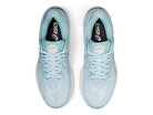 Top view of a pair of light blue ASICS Cumulus 23 - Womens running shoes with white laces and black insoles featuring the white ASICS logo, designed for lightweight cushioning and comfort.