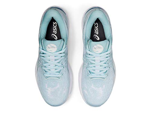 Top view of a pair of light blue ASICS Cumulus 23 - Womens running shoes with white laces and black insoles featuring the white ASICS logo, designed for lightweight cushioning and comfort.