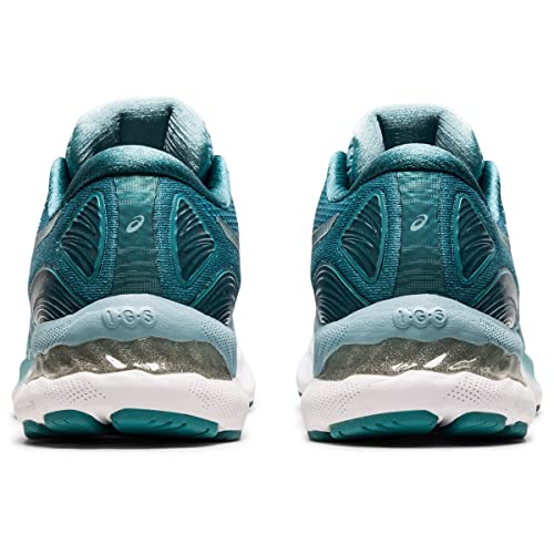 The ASICS Gel Nimbus 23 - Womens running shoes in teal and light blue are shown from the back, displaying textured heels, a shock-absorbing white midsole, and teal outsoles.