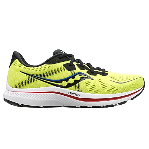 The Saucony Omni 20 Running Shoe for men features a yellow mesh upper, black laces and accents, a white sole with red and black details, and PWRRUN cushioning for stability.
