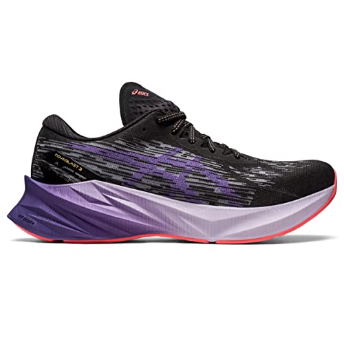 The ASICS Novoblast 3 - Womens features a black jacquard mesh upper, purple and white gradient midsole, pink outsole, subtle purple side patterns, and signature ASICS branding.