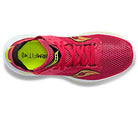 Top view of the Saucony Kinvara 14 Running Shoe - Womens in bright pink with yellow and black accents, breathable mesh upper, neon yellow FORMFIT insole, and responsive PWRRUN foam for a smooth ride.