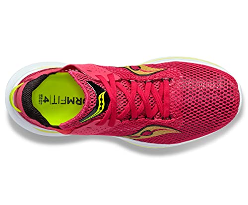 Top view of the Saucony Kinvara 14 Running Shoe - Womens in bright pink with yellow and black accents, breathable mesh upper, neon yellow FORMFIT insole, and responsive PWRRUN foam for a smooth ride.