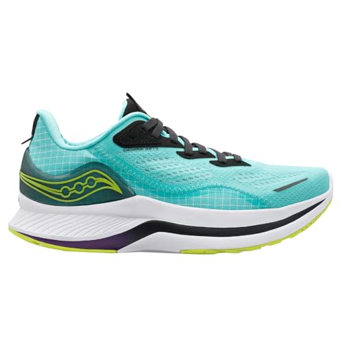 A turquoise Saucony Endorphin Shift 2 Running Shoe - Womens with black laces, neon yellow and green accents, a white midsole, and a lime green and purple sole with SPEEDROLL Technology, shown from the side on a plain white background.