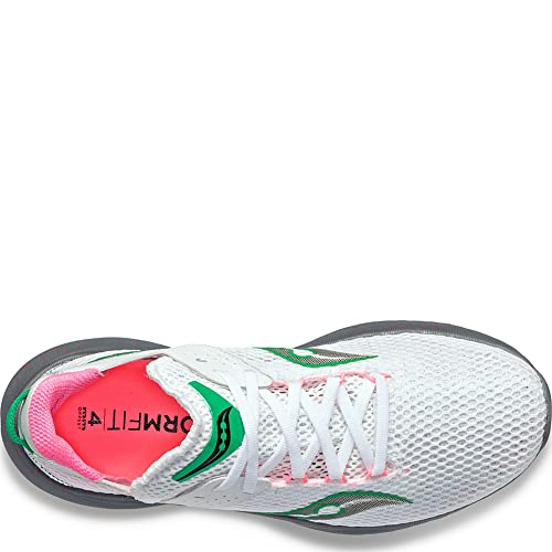 The Saucony Kinvara 14 Running Shoe - Womens is shown from above in white with a mesh upper, green and black accents, pink inner lining, white laces, visible FORMFIT branding on the insole, and responsive PWRRUN foam cushioning.
