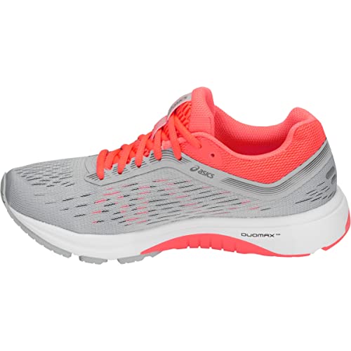 The ASICS GT-1000 7 - Womenss is a grey and coral stability road running shoe with a white sole, coral laces, mesh upper for breathability, and DuoMax branding near the heel.