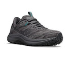The Saucony Omni 21 Running Shoe for men features a dark gray adaptive mesh upper, black curved outsole, lace-up design, engineered midfoot support, subtle branding, and teal accents on the tongue and upper side.