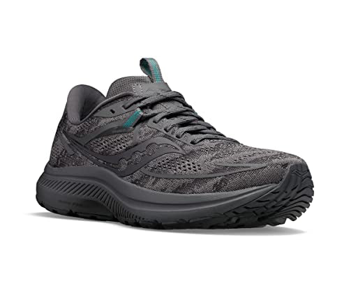 The Saucony Omni 21 Running Shoe for men features a dark gray adaptive mesh upper, black curved outsole, lace-up design, engineered midfoot support, subtle branding, and teal accents on the tongue and upper side.