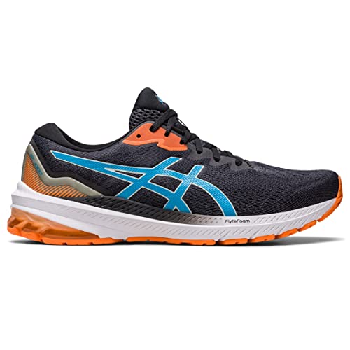 The ASICS GT-1000 11 - Mens running shoe features a black upper, blue and white logo, orange sole and heel accents, plus a white FLYTEFOAM-cushioned midsole. Shown in a side view on a plain background.