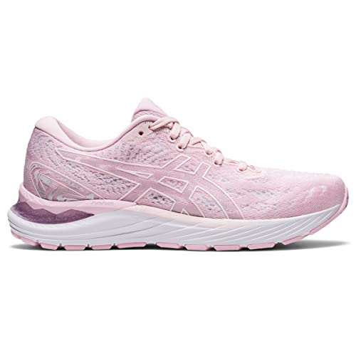 A light pink ASICS Cumulus 23 womens running shoe featuring a textured mesh upper, subtle side branding, lace-up closure, lightweight cushioning, and a white sole with pink accents.