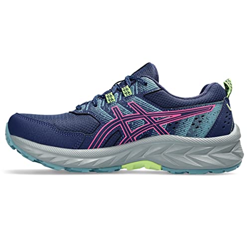 The ASICS Gel Venture 9 - Womens is a blue trail running shoe with pink accents, light green highlights, a textured gray sole, and breathable mesh detailing.