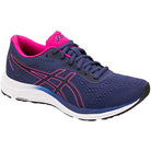 The ASICS Gel-Excite 6 - Womens features a navy blue design with pink and purple accents, black laces, white sole, bright pink inner lining, and GEL technology for superior comfort.