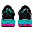 The ASICS GEL-FujiTrabuco 8 Womens trail running shoes in black feature bright teal heel and sole accents, plus hot pink textured outsoles visible from the back.