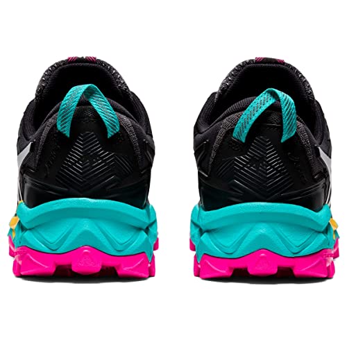 The ASICS GEL-FujiTrabuco 8 Womens trail running shoes in black feature bright teal heel and sole accents, plus hot pink textured outsoles visible from the back.
