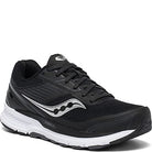 The Saucony Echelon 8 Running Shoe – Womens features a black mesh upper for breathability, white sole, black laces, a white side logo, and PWRRUN heel cushioning for excellent support and comfort.