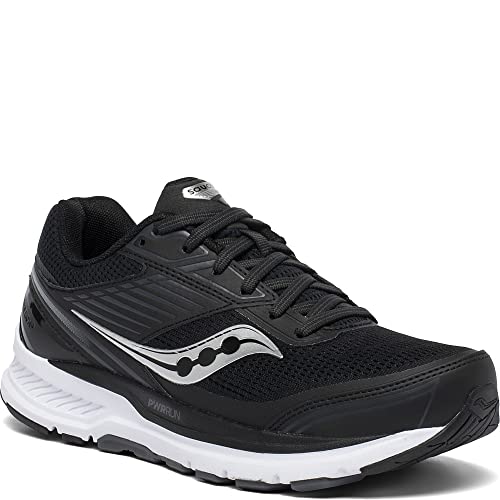 The Saucony Echelon 8 Running Shoe – Womens features a black mesh upper for breathability, white sole, black laces, a white side logo, and PWRRUN heel cushioning for excellent support and comfort.