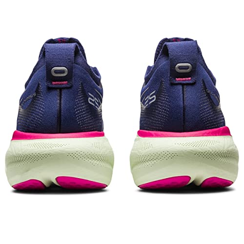 A pair of ASICS Gel Nimbus 25 - Womens Shoes in navy blue, seen from the back, with thick white soles and pink accents, breathable uppers, and lightweight cushioning ideal for running.