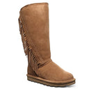 BEARPAW Tamara Boots—women’s tan suede knee-highs with a flat sole and side fringe, combining stylish comfort for any adventure.