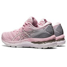 A pair of ASICS Gel Nimbus 23 Womens running shoes in pink and gray with white soles, mesh upper, cushioned heel, shock absorption, pink laces, and the ASICS logo on the side.