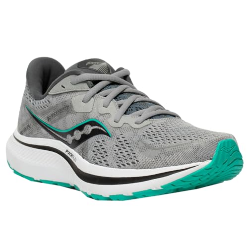 The Saucony Omni 20 Running Shoe - Womens features a gray mesh upper with teal and black accents, a white sole with teal tread for traction, and enhanced stability for breathable comfort and support on every run.
