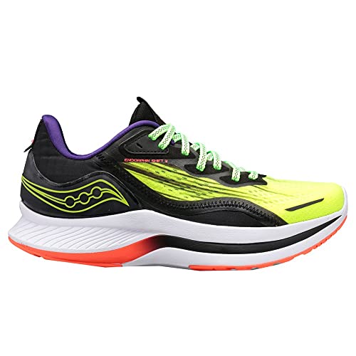 The Saucony Endorphin Shift 2 Running Shoe - Womens features neon yellow and black colors, green laces, purple accents, orange sole details, a wavy side logo, and SPEEDROLL Technology for a smooth ride.