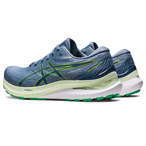 The ASICS Gel Kayano 29 - Mens running shoes in blue with neon green accents, white midsoles, and green outsole tread are shown from side and rear angles on a white background for enhanced stability.
