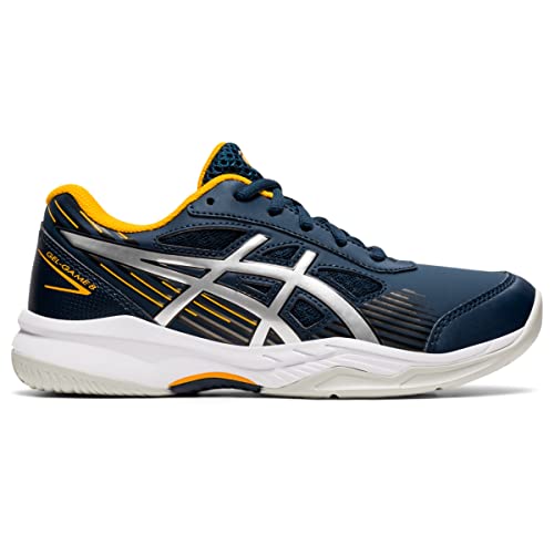 The ASICS Gel-Game 8 - Kids tennis shoe comes in navy blue with yellow accents, a white sole, silver details, and TRUSSTIC technology plus the signature ASICS logo on the side.