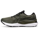 The ASICS Gel Cumulus 24 - Mens is an olive green and black running shoe with a white sole, black laces, and a textured mesh upper. It features FF BLAST cushioning for comfort and a prominent black ASICS logo on the side—ideal for daily training.