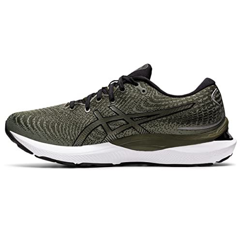 The ASICS Gel Cumulus 24 - Mens is an olive green and black running shoe with a white sole, black laces, and a textured mesh upper. It features FF BLAST cushioning for comfort and a prominent black ASICS logo on the side—ideal for daily training.