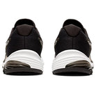 Rear view of the ASICS GEL-PULSE 12 - Womens, showing a black engineered mesh upper and a white with dark gray AmpliFoam midsole, on a plain white background.