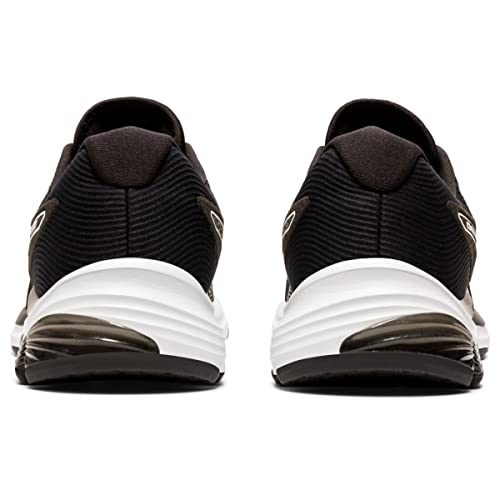 Rear view of the ASICS GEL-PULSE 12 - Womens, showing a black engineered mesh upper and a white with dark gray AmpliFoam midsole, on a plain white background.