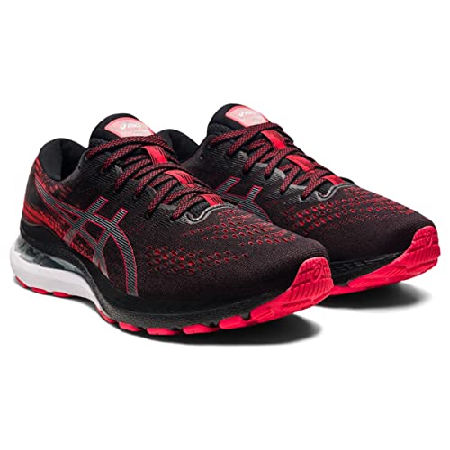 A pair of ASICS Gel Kayano 28 - Mens stability running shoes in black and red, featuring a mesh upper, visible GEL cushioning in the sole, and the ASICS logo on the side. The shoes are placed side by side, facing slightly right.