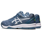 A pair of ASICS Gel Dedicate 7 - Mens tennis shoes in blue with white soles and logos, arranged side by side at an angle for a blend of stability and style.