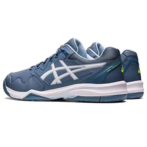 A pair of ASICS Gel Dedicate 7 - Mens tennis shoes in blue with white soles and logos, arranged side by side at an angle for a blend of stability and style.