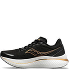 The Saucony Endorphin Speed 3 Running Shoe - Womens features a black mesh upper, white sole, gold wavy accents, and black laces—lightweight, breathable, and ideal for daily training.