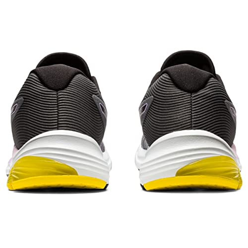 Rear view of ASICS GEL-PULSE 12 - Womens’s in black, with white midsoles, bright yellow heel accents, engineered mesh upper, and AmpliFoam midsole, shown against a white background.