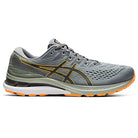 The ASICS Gel Kayano 28 - Mens features a gray and green design with yellow accents, orange sole grips, a white midsole, and the ASICS logo on the side. These stability running shoes provide comfort with advanced GEL technology.