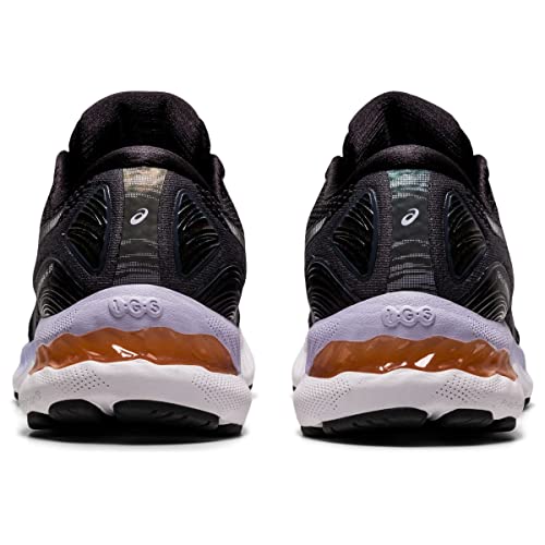 Rear view of ASICS Gel Nimbus 23 - Womens shoes in black with white and orange accents, highlighting the heel, sole, and ASICS logo—celebrated for their exceptional shock absorption.