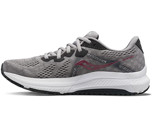 The Saucony Omni 20 Running Shoe - Womens features a gray mesh upper for breathability, a white sole with black tread, maroon wave logo on the side, lace-up closure for a secure fit, and added support for enhanced stability.