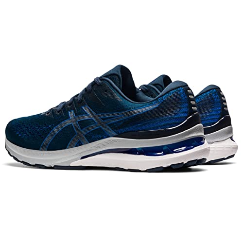 The ASICS Gel Kayano 28 - Mens is a pair of dark blue stability running shoes with light blue accents, white soles, visible heel GEL cushioning, and a breathable mesh upper.